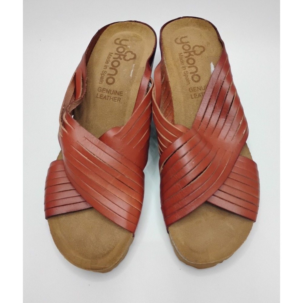 Yokono Leather Slide Sandals Size 6.5 EU37 Brown Cross Strap Cork Wedge Comfort